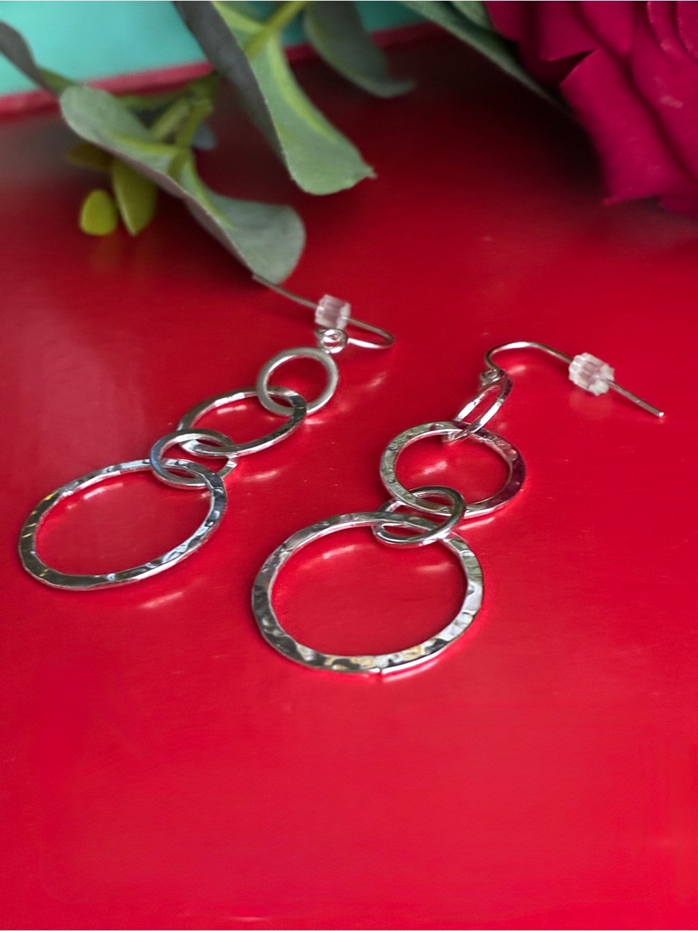 925 Sterling Silver Hammered Triple Circle Drop Earrings - Silver